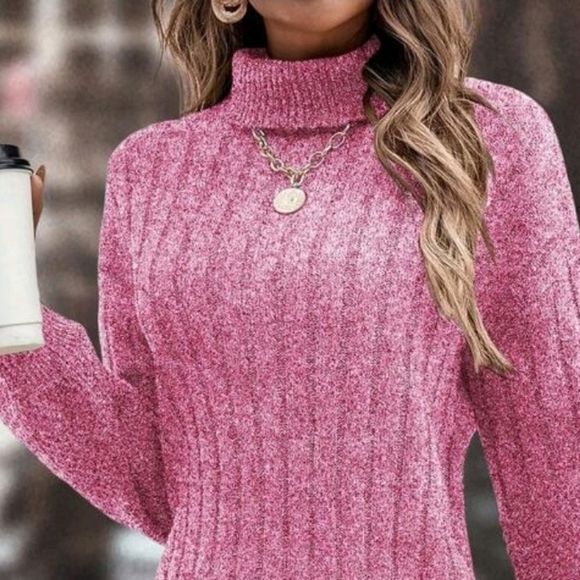 New Mixed Ribbed Knit Turtleneck Short Sweater Dress Long Sleeve Marled Pink - Picture 4 of 10
